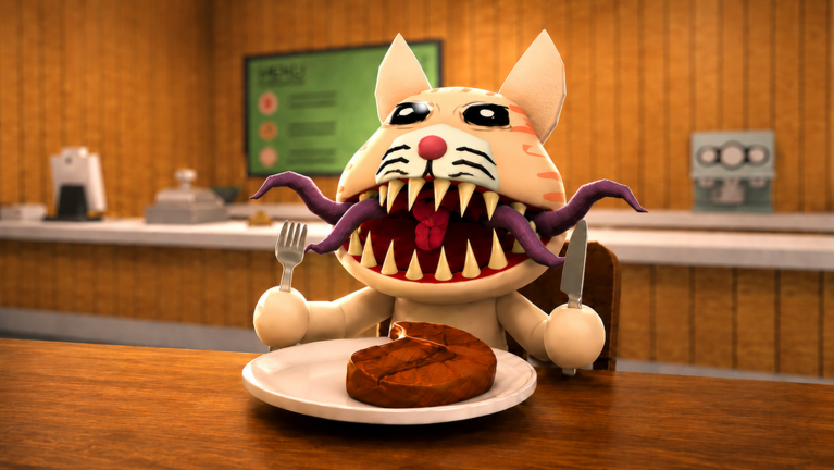 An anomalous cat customer seated with a plate in the restaurant dining room