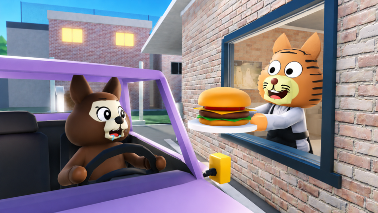 A normal animal customer receiving food at the restaurant drive-thru