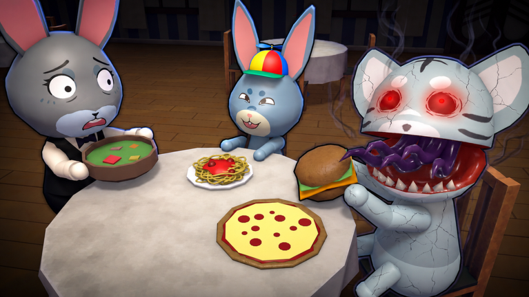 Two normal rabbit customers beside a visibly anomalous mouse at a restaurant table